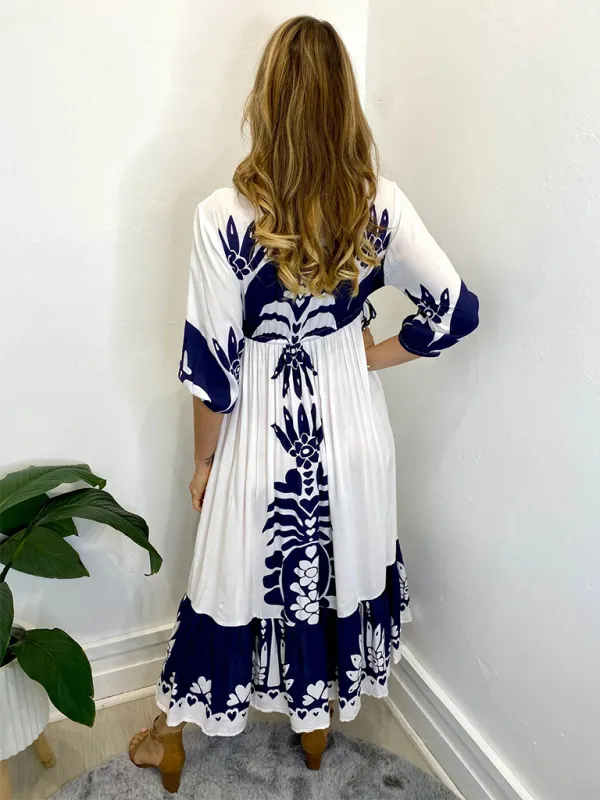 Floral Print Midi Dress with Drawstring Waist and Half Sleeves
