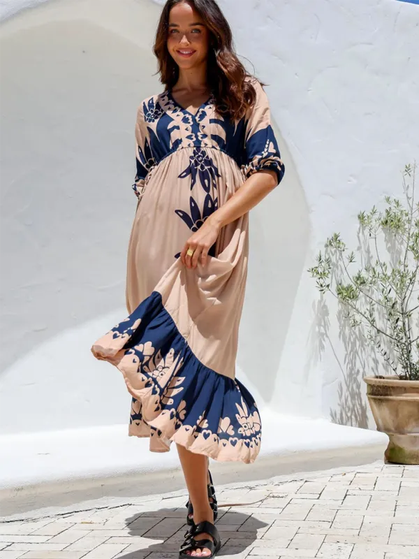 Floral Print Midi Dress with Drawstring Waist and Half Sleeves