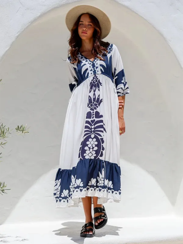 Floral Print Midi Dress with Drawstring Waist and Half Sleeves