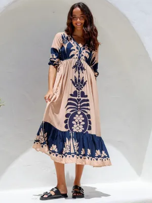 Floral Print Midi Dress with Drawstring Waist and Half Sleeves