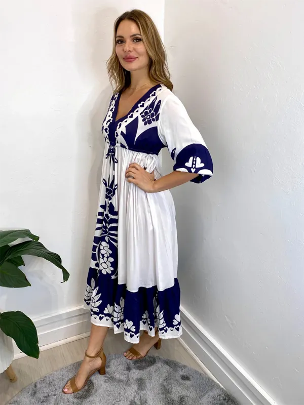 Floral Print Midi Dress with Drawstring Waist and Half Sleeves