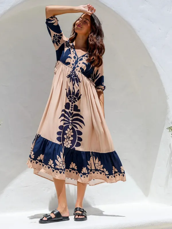 Floral Print Midi Dress with Drawstring Waist and Half Sleeves