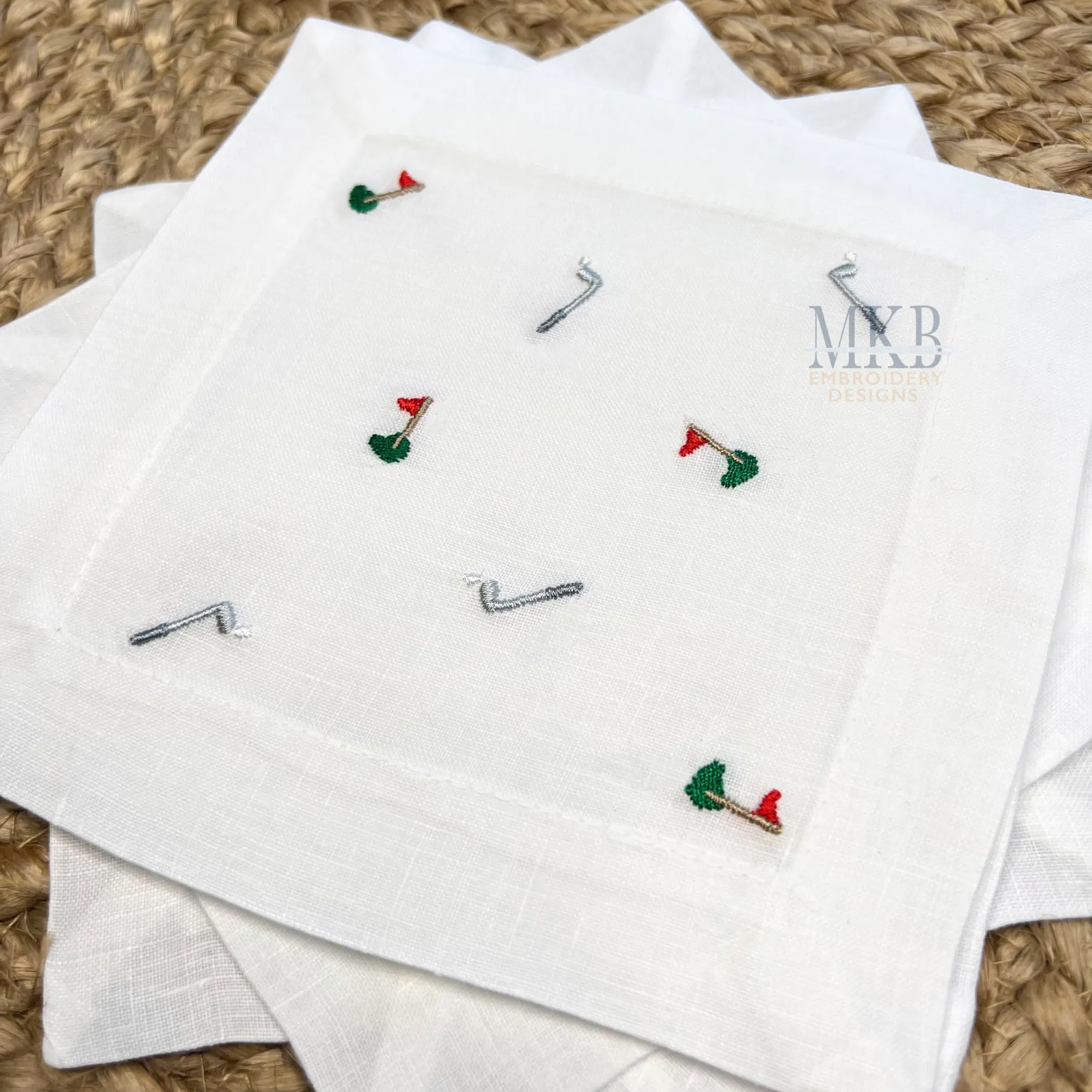 Golf Green and Clubs Arranged for Cocktail Napkins Machine Embroidery Design File