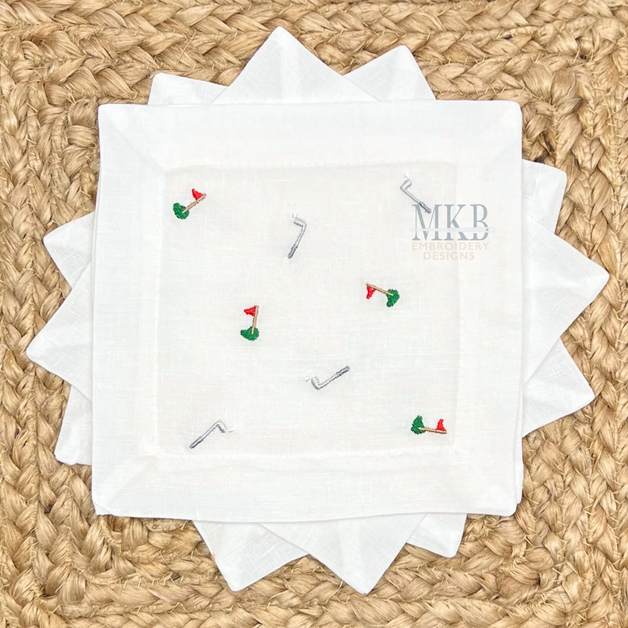Golf Green and Clubs Arranged for Cocktail Napkins Machine Embroidery Design File