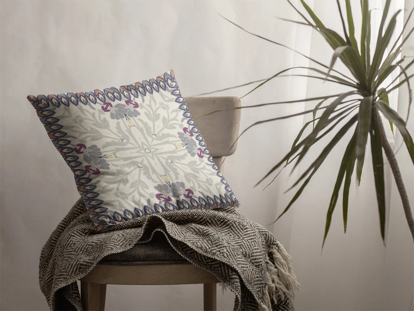 Gray Floral Frame Indoor Outdoor Zippered Throw Pillow