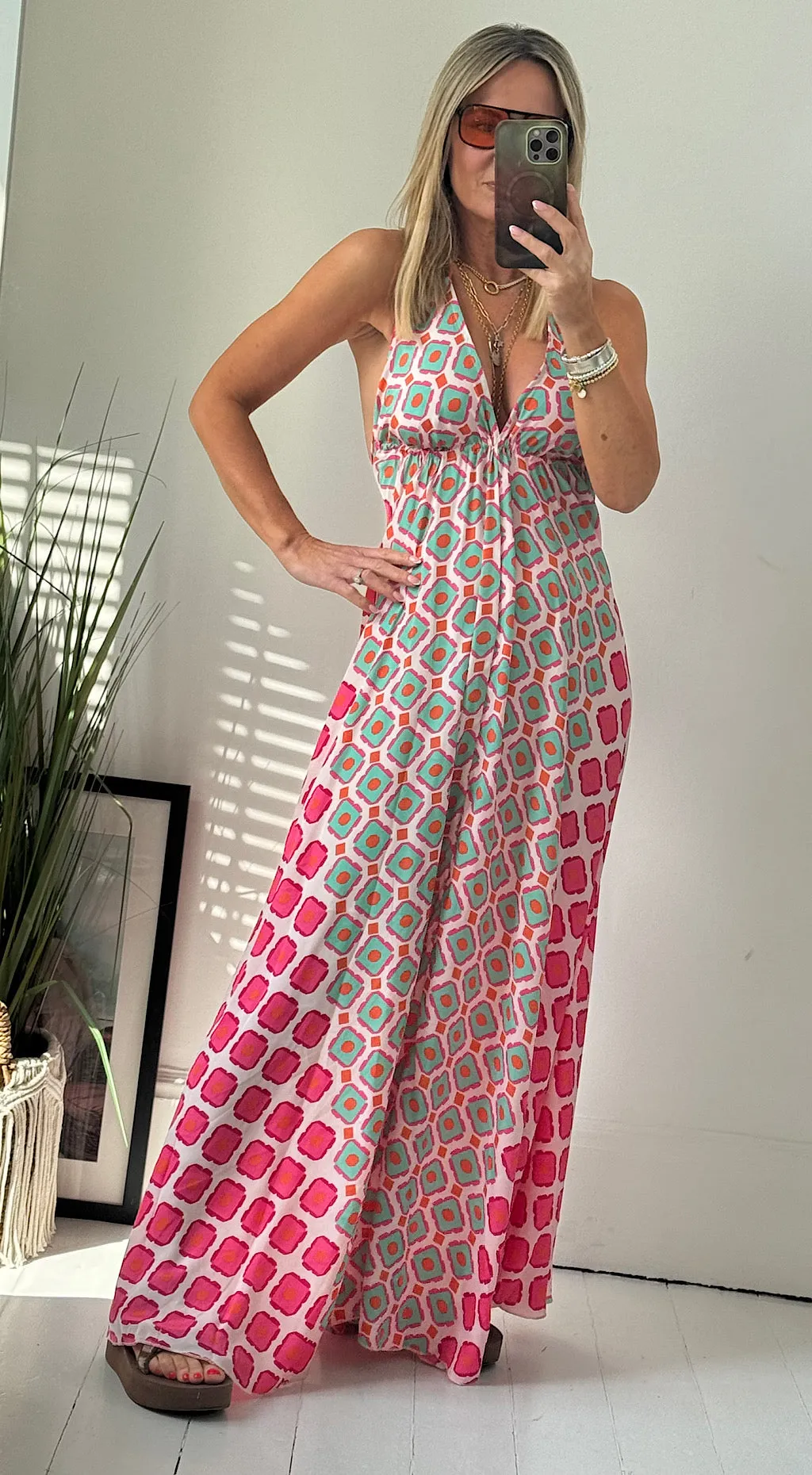 Halter Beach Dress - Retro Print