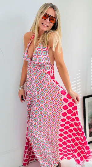Halter Beach Dress - Retro Print