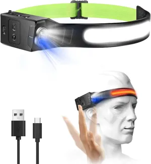 Head Torch Rechargeable 230 Degree 6 Modes and Motion Sensor LED Headlamp Blue Waterproof for Kids Adults- new but open/scruffy box