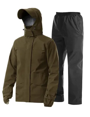 iCreek Men's Rain Suit Waterproof Rain jacket Breathable Lightweight Raincoat with Hooded Rain Gear for Leisure, Outdoor(Brownish）