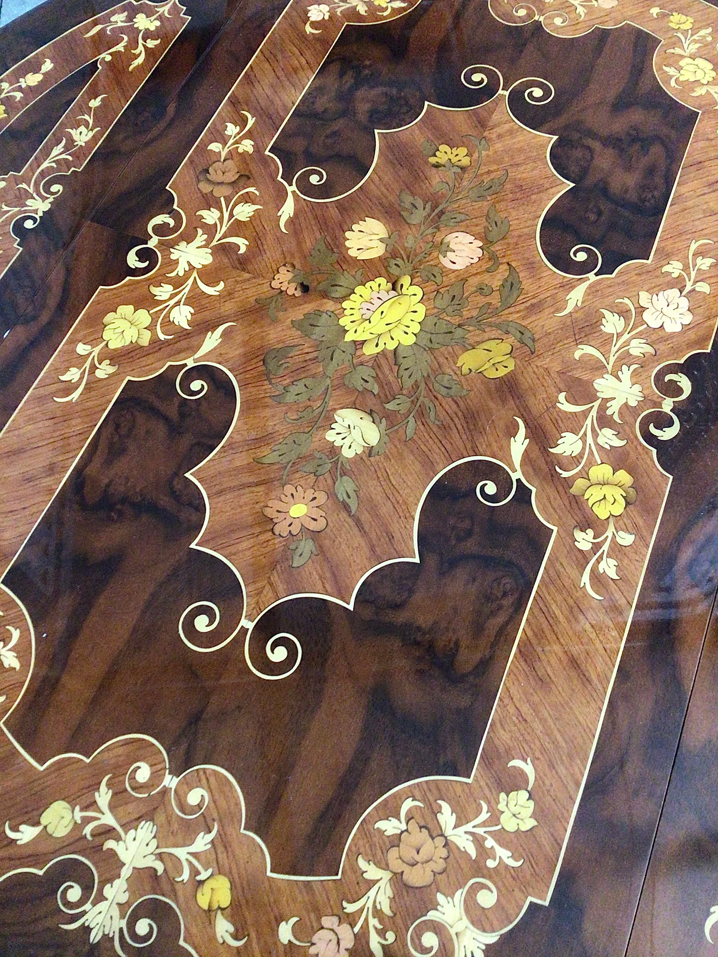 Italian Inlaid Wood Marquetry Bar or Tea Cart with Brass Wheels