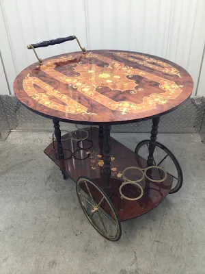 Italian Inlaid Wood Marquetry Bar or Tea Cart with Brass Wheels