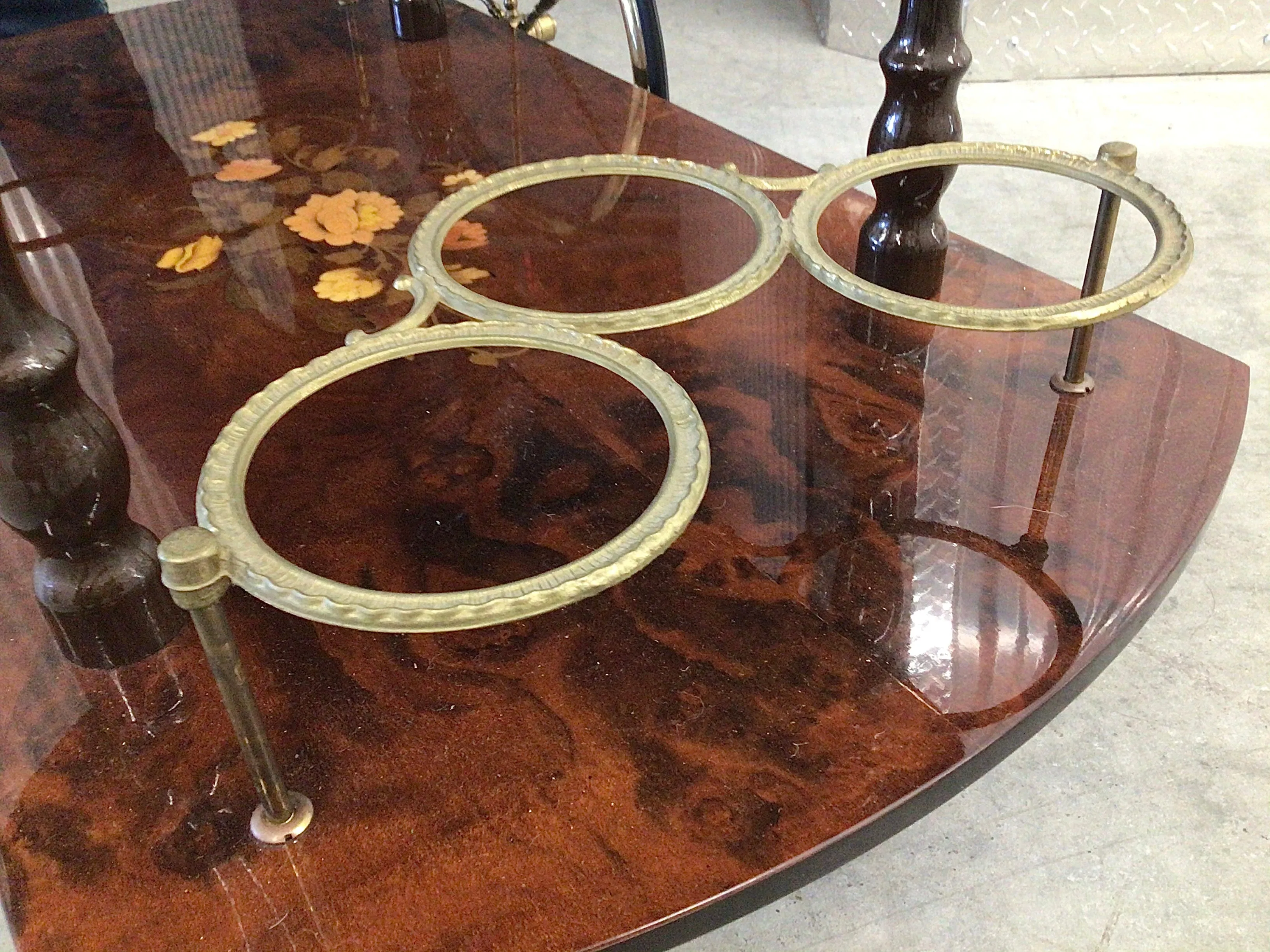 Italian Inlaid Wood Marquetry Bar or Tea Cart with Brass Wheels