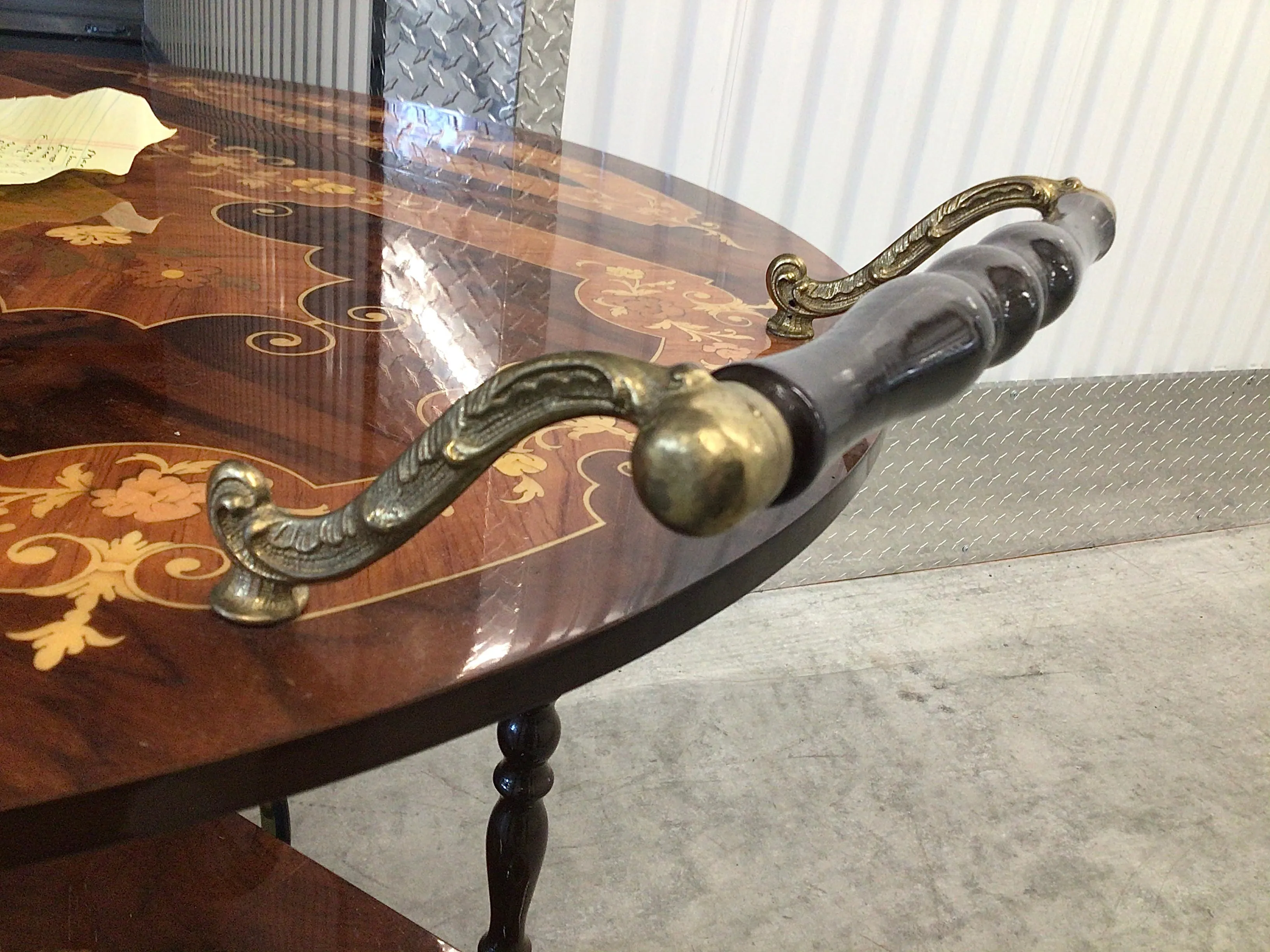 Italian Inlaid Wood Marquetry Bar or Tea Cart with Brass Wheels