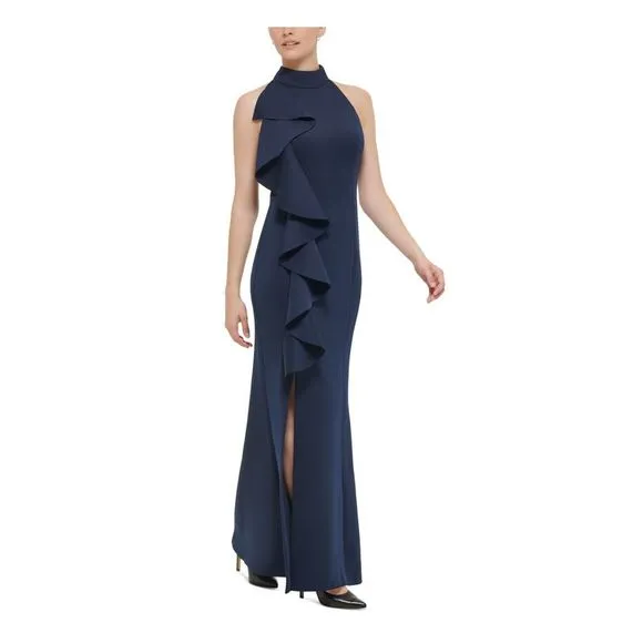 JESSICA HOWARD Womens Navy Cascading Ruffles Sleeveless Formal Gown Dress 14