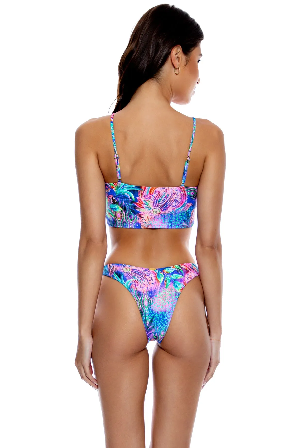 JUNGLE FEVER - Drawstring Halter Peek A Boo Cropped Top & High Leg Brazilian Bottom • Multicolor
