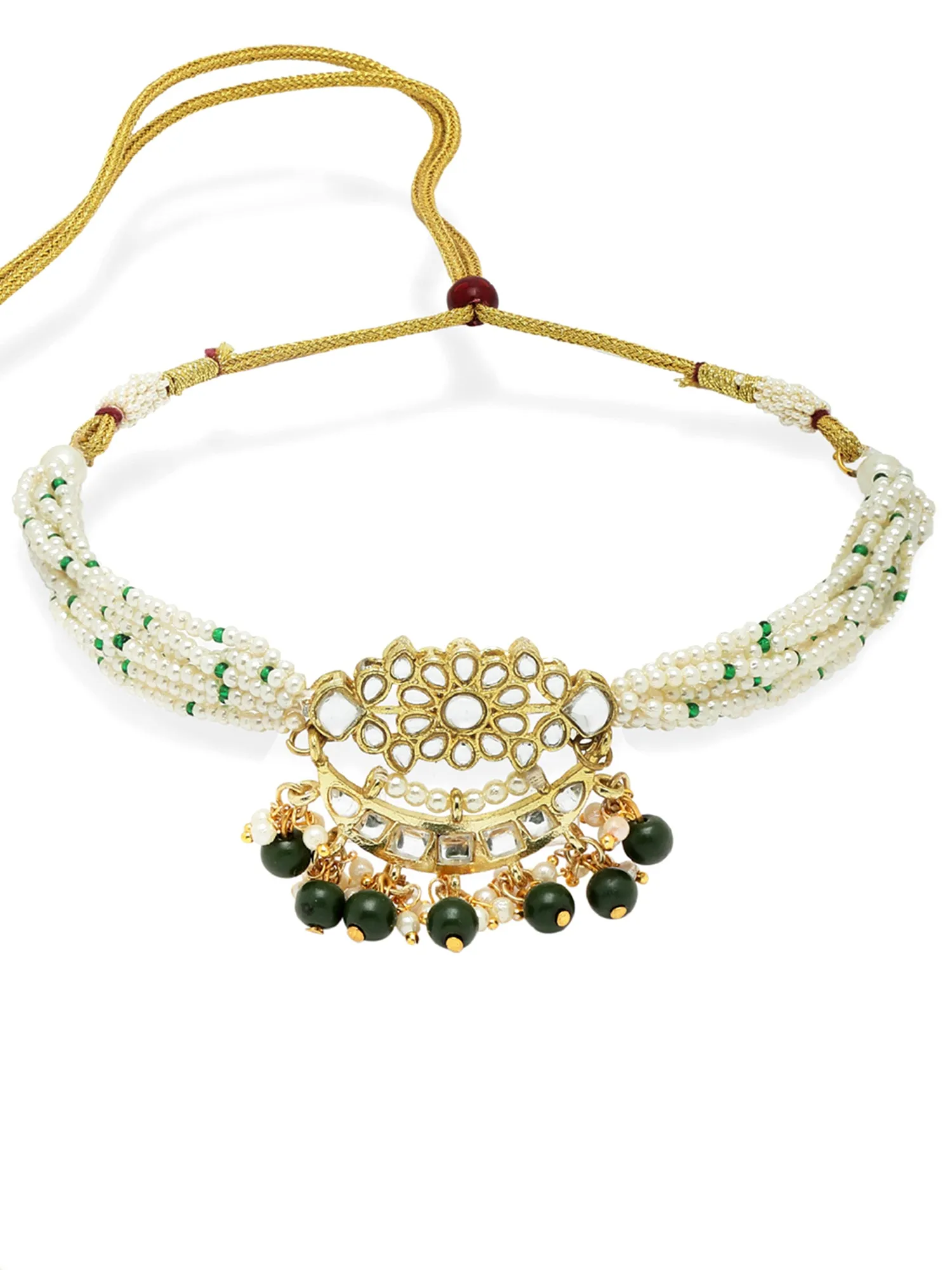 Karatcart Gold Plated Green Bead Studded Kundan Choker Neckalce Set with Bracelet
