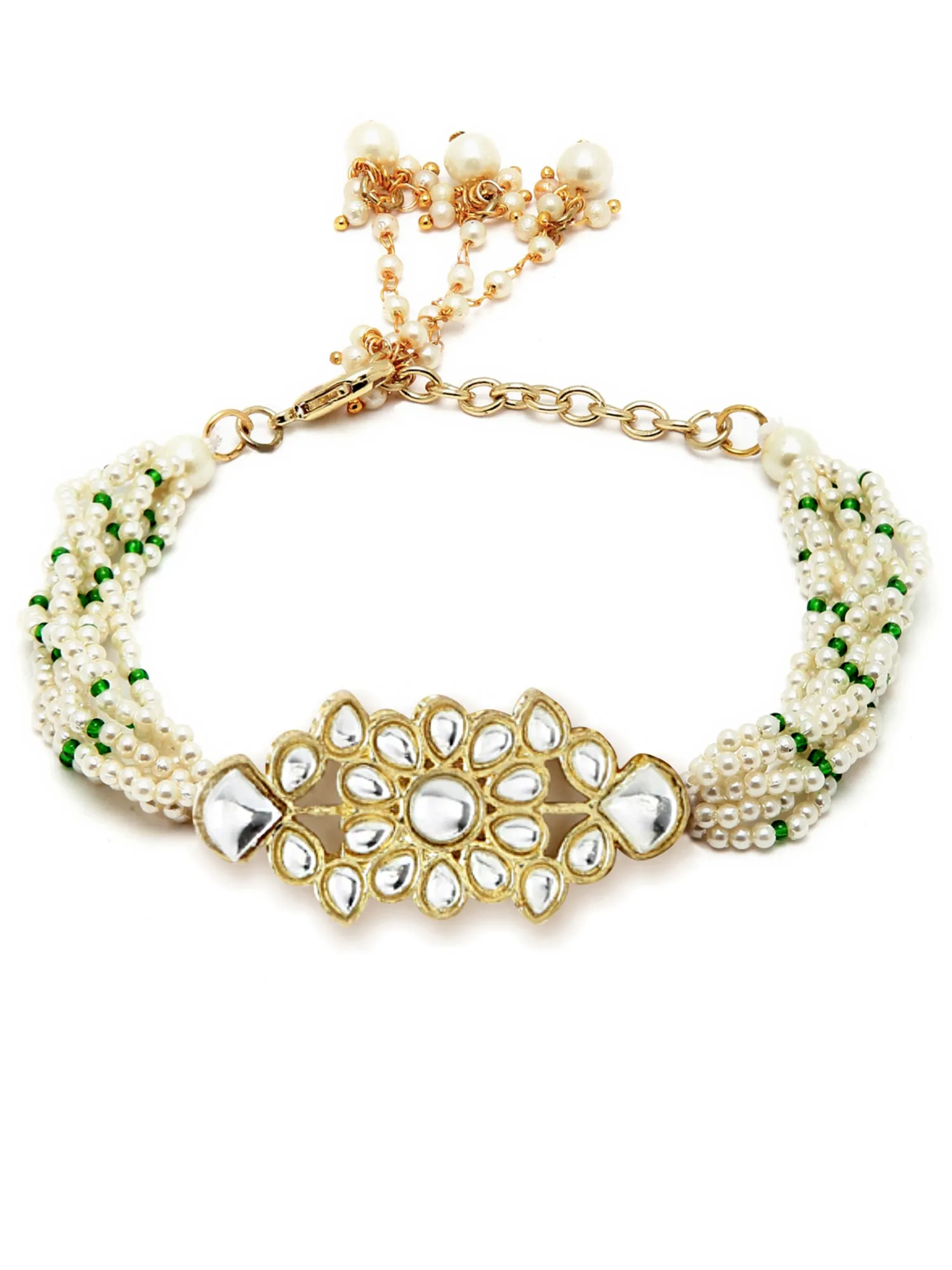 Karatcart Gold Plated Green Bead Studded Kundan Choker Neckalce Set with Bracelet