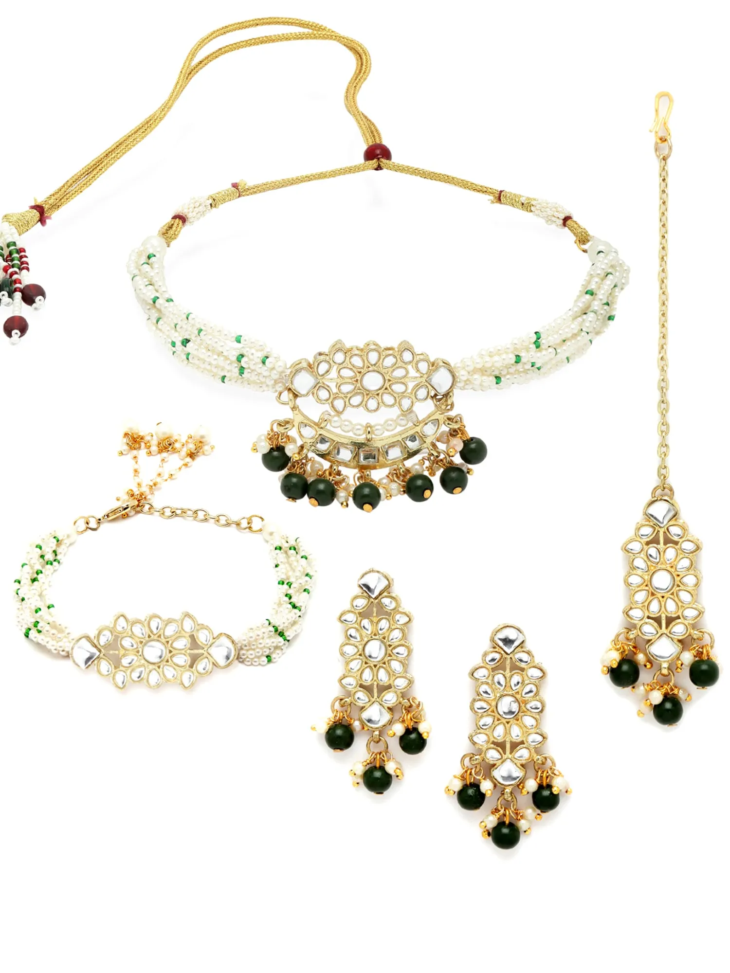 Karatcart Gold Plated Green Bead Studded Kundan Choker Neckalce Set with Bracelet