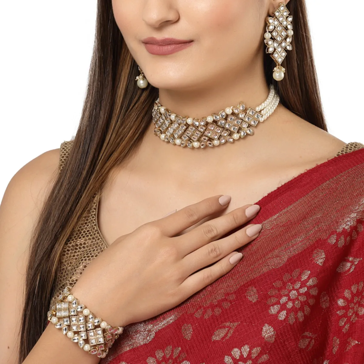 Karatcart Gold Plated Pearl Beaded Choker Necklace Set with Braceletfor Women