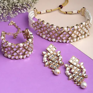 Karatcart Gold Plated Pearl Beaded Choker Necklace Set with Braceletfor Women