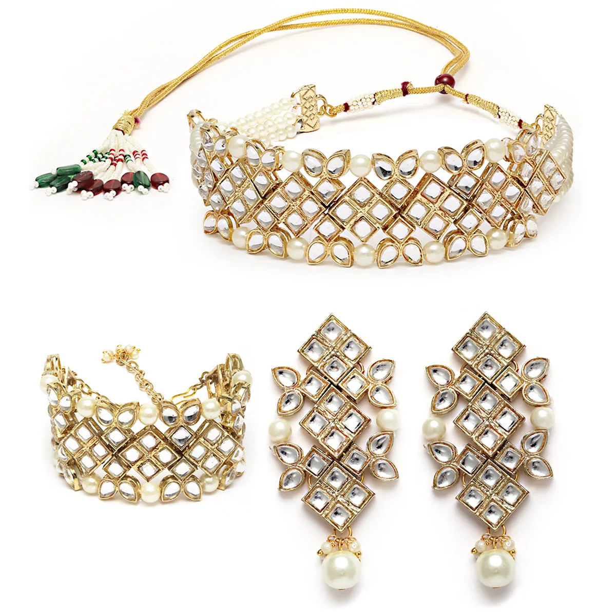 Karatcart Gold Plated Pearl Beaded Choker Necklace Set with Braceletfor Women