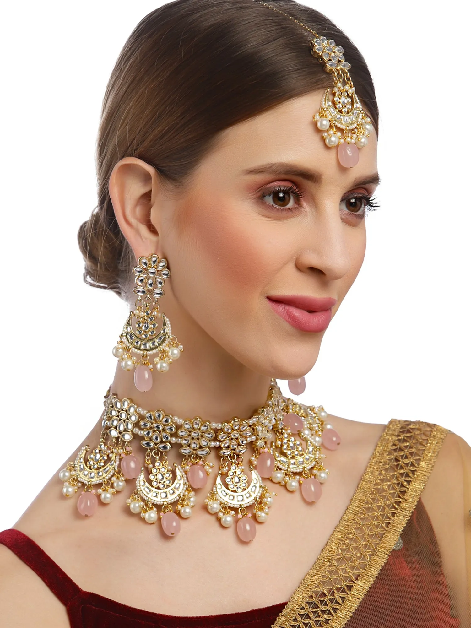 Karatcart Gold Plated Pink Tumble and Pearl Choker Necklace Set