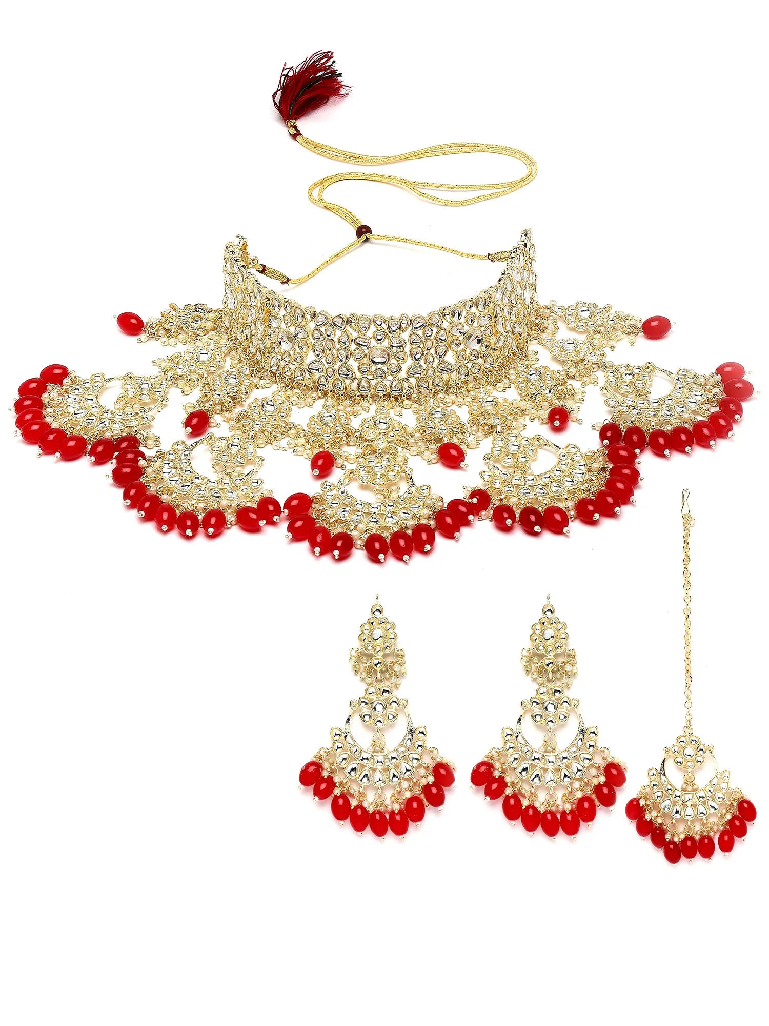 Karatcart Gold Plated Red Tumble Studded Kundan Bridal Necklace Set for Women