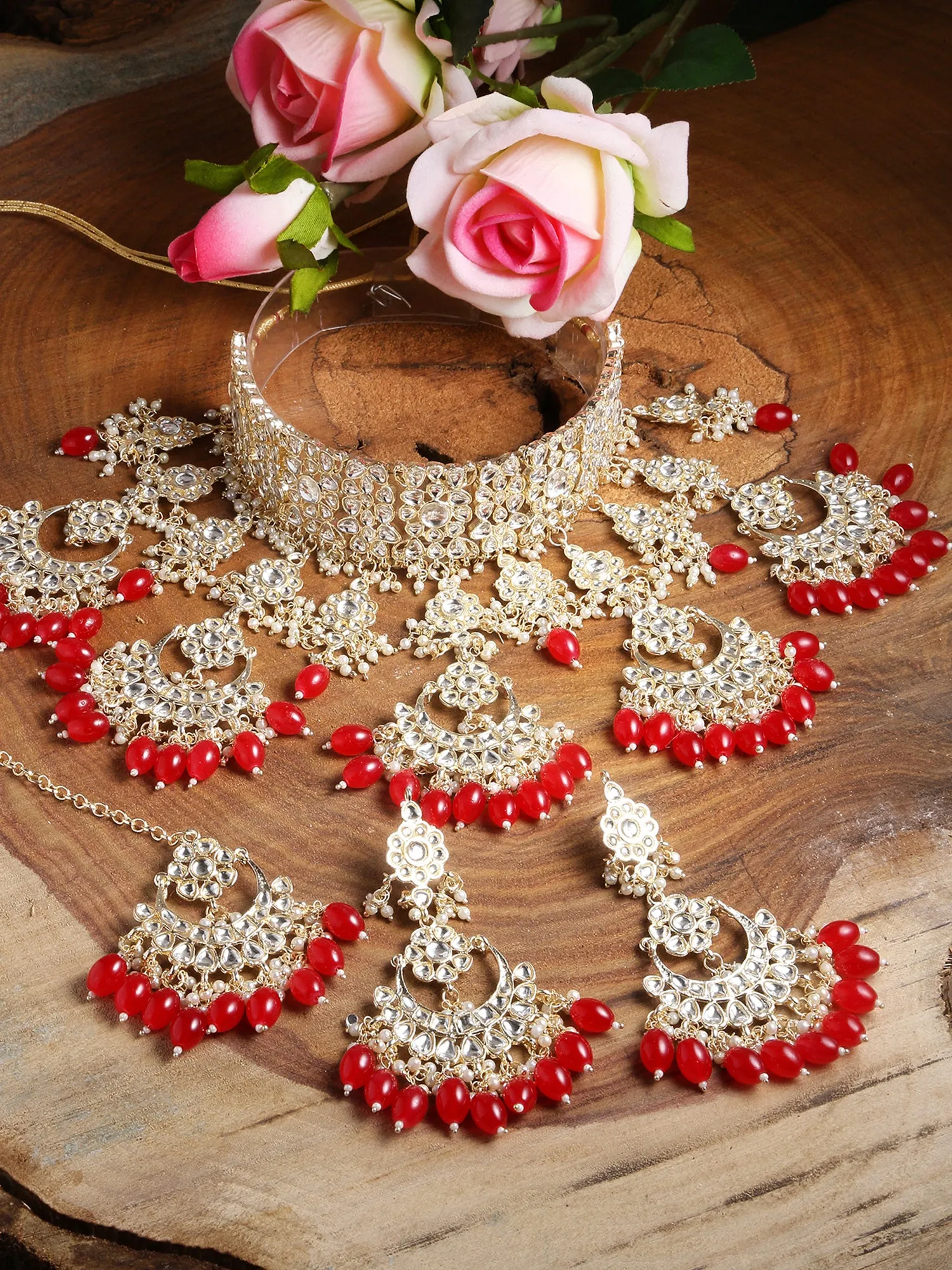 Karatcart Gold Plated Red Tumble Studded Kundan Bridal Necklace Set for Women
