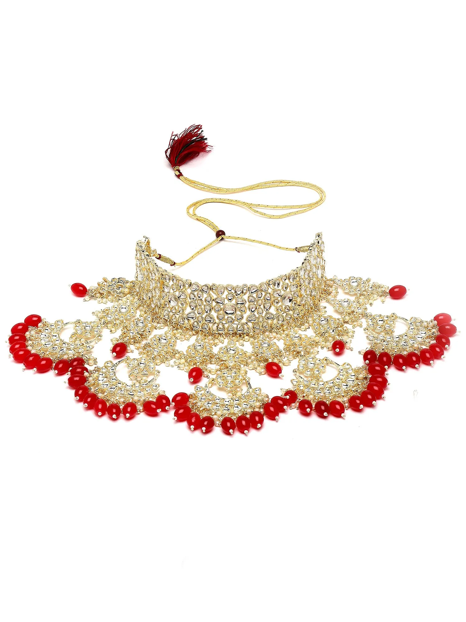 Karatcart Gold Plated Red Tumble Studded Kundan Bridal Necklace Set for Women