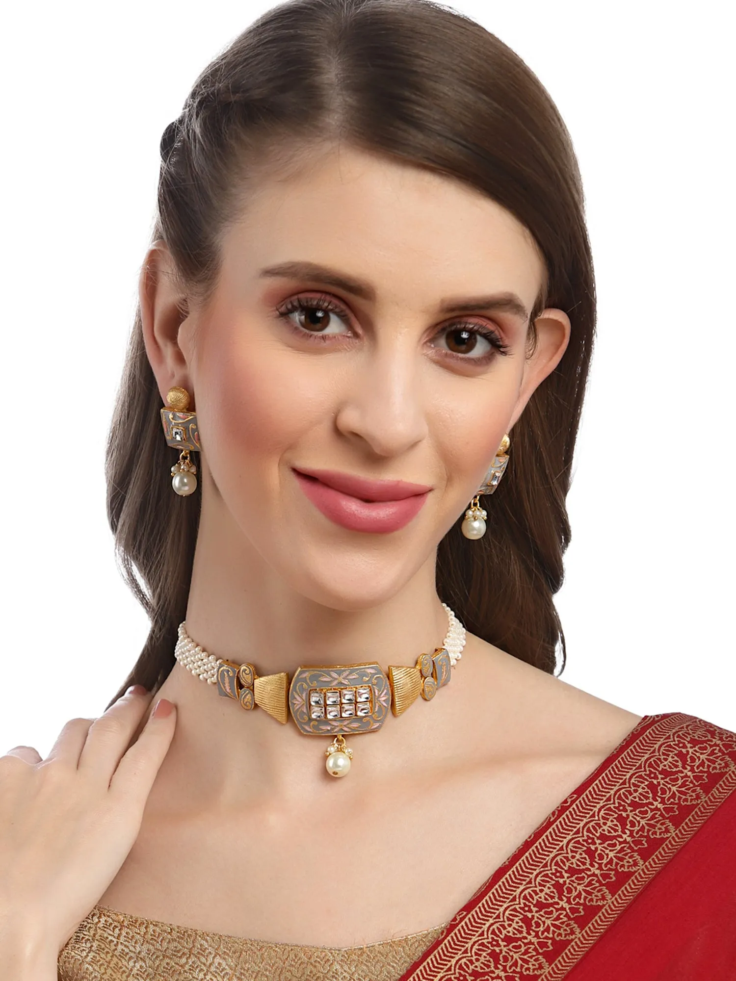 Karatcart Grey Meena Pearl Beaded Choker Necklace Set