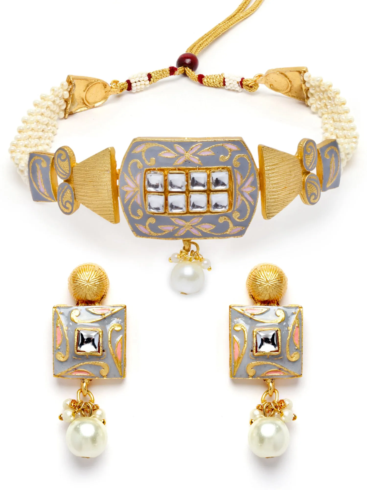 Karatcart Grey Meena Pearl Beaded Choker Necklace Set