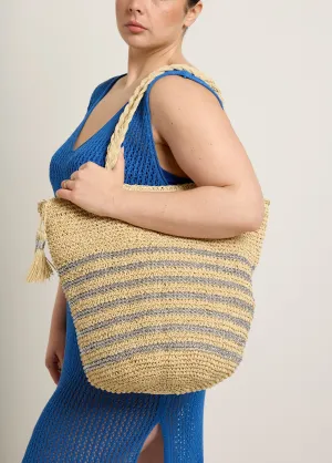 Large straw bag, stripes and long handles