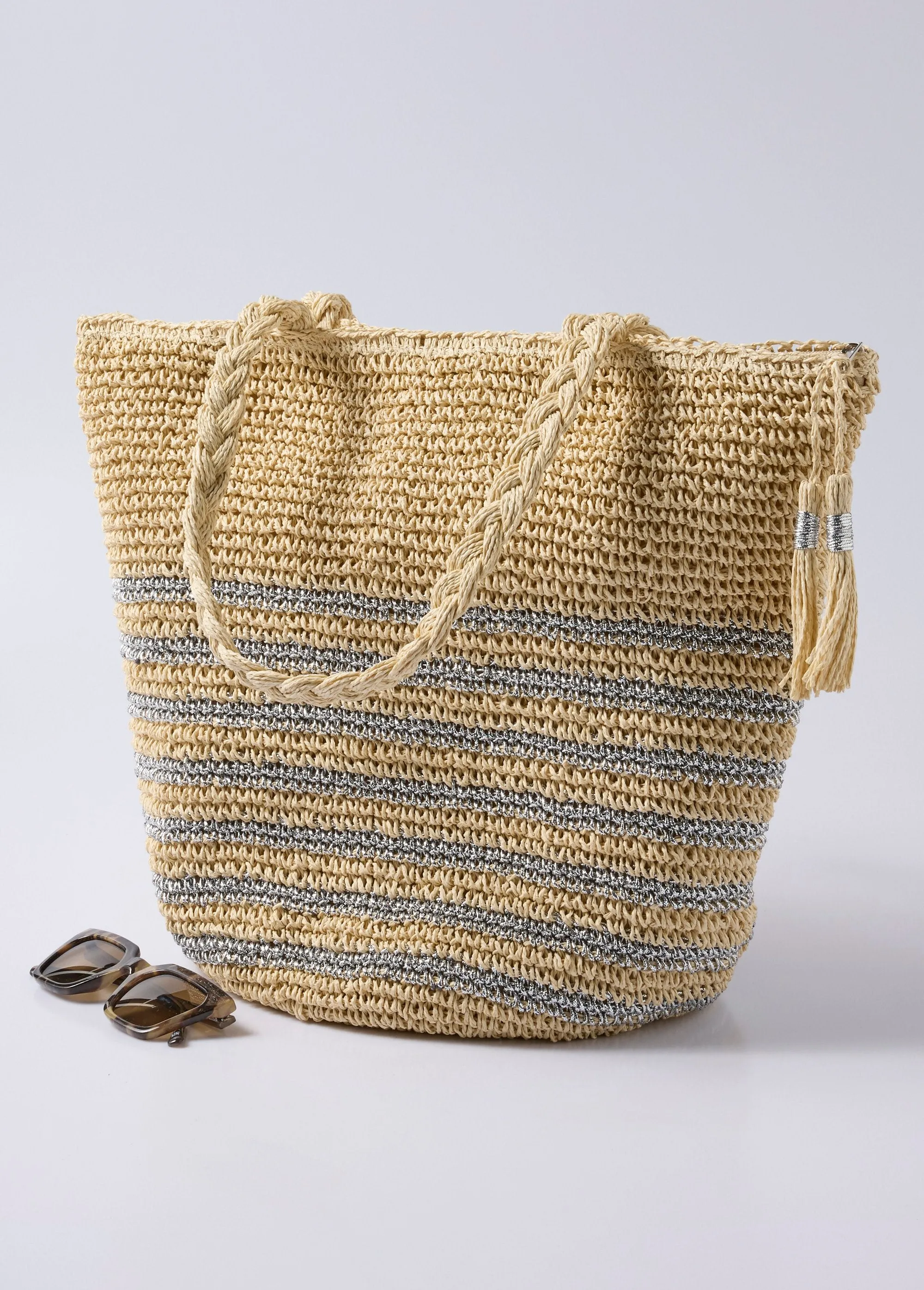 Large straw bag, stripes and long handles