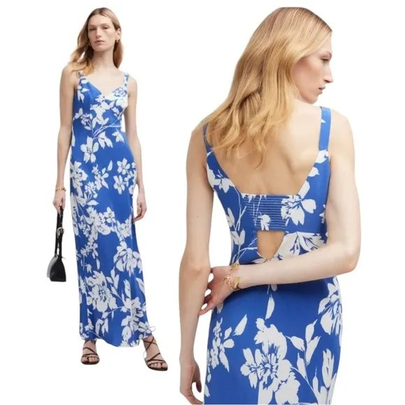 Madewell Tank Midi Dress in Floral - Blue White Silky Open Back Maxi Dress NS137