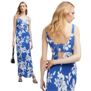 Madewell Tank Midi Dress in Floral - Blue White Silky Open Back Maxi Dress NS137