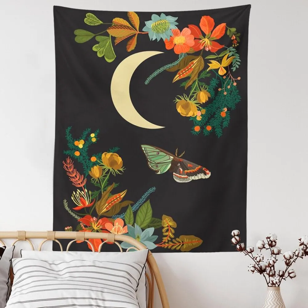 Moon Tapestry Wall Hanging Bohemian Gypsy Psychedelic Tapiz Black Sun Witchcraft Divination Tapestry Butterfly Decor