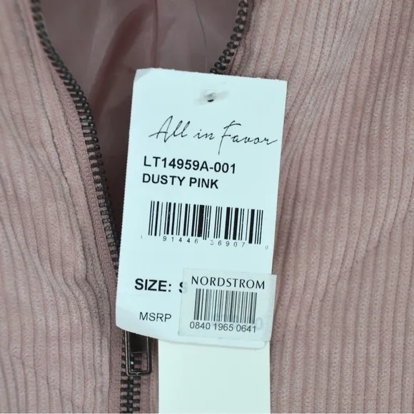 NEW All In Favor Quilted Corduroy Bomber Jacket in Dusty Pink Women's S