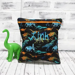 Personalized Dinosaurs on Black Reusable Food Bag
