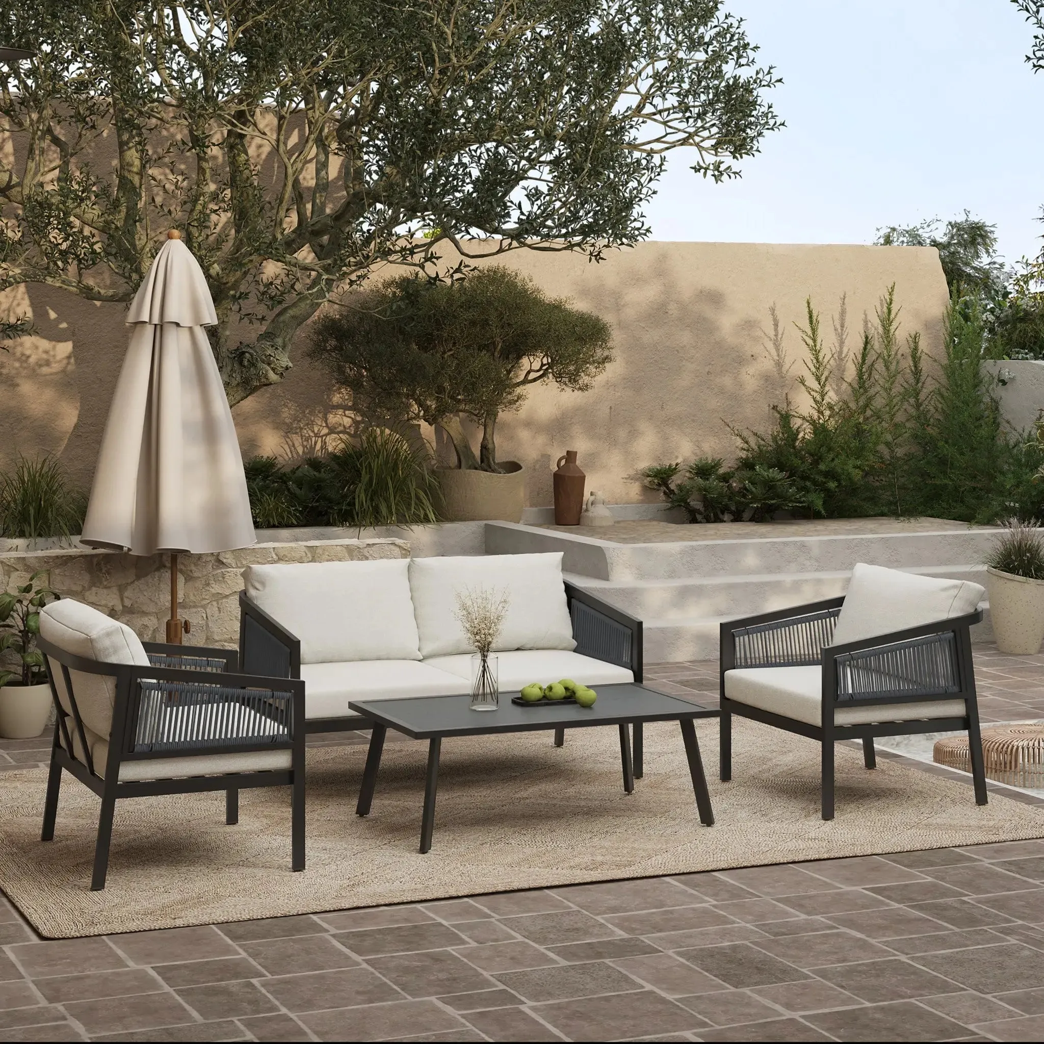 Pismo black steel & PE rope outdoor armchairs, set of 2