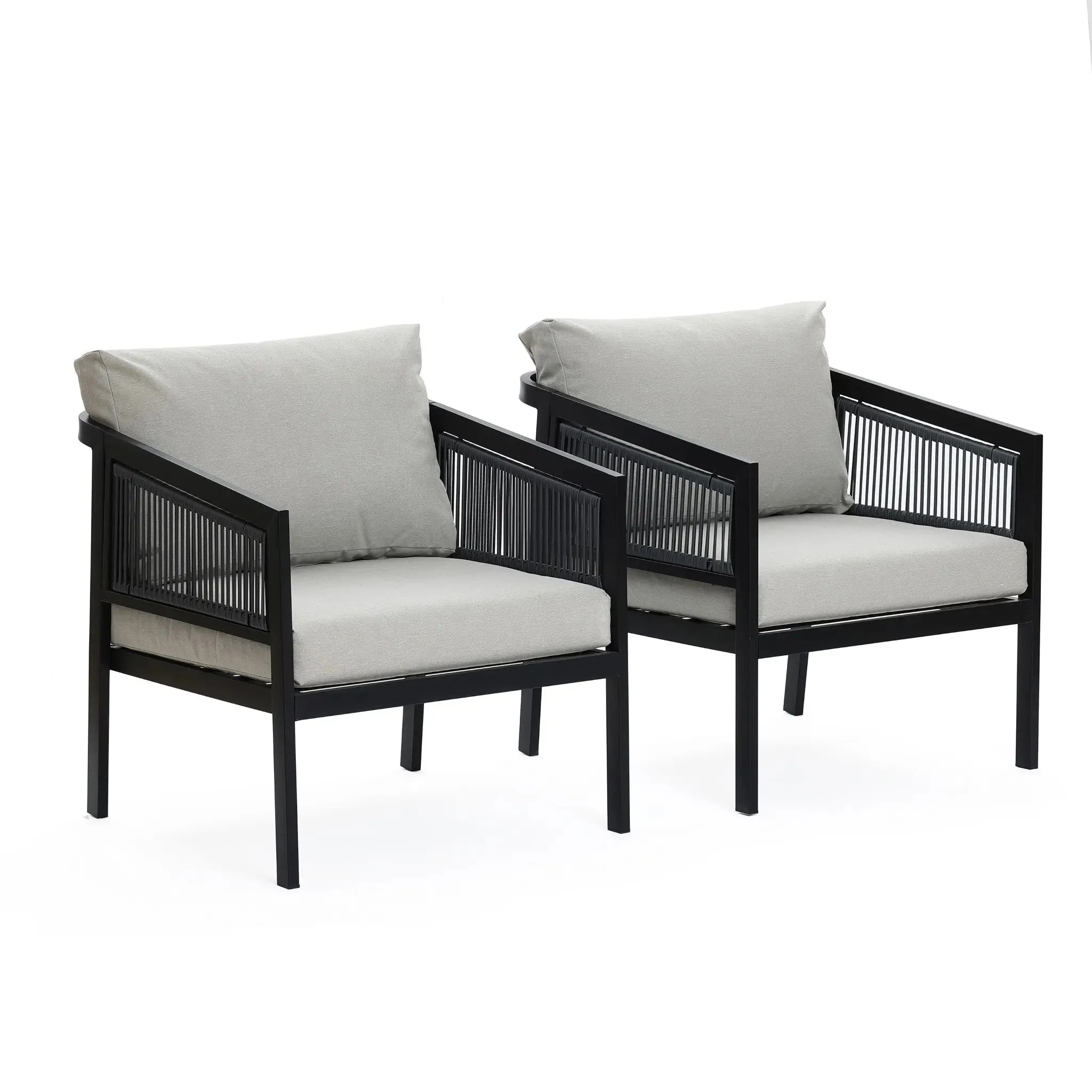 Pismo black steel & PE rope outdoor armchairs, set of 2