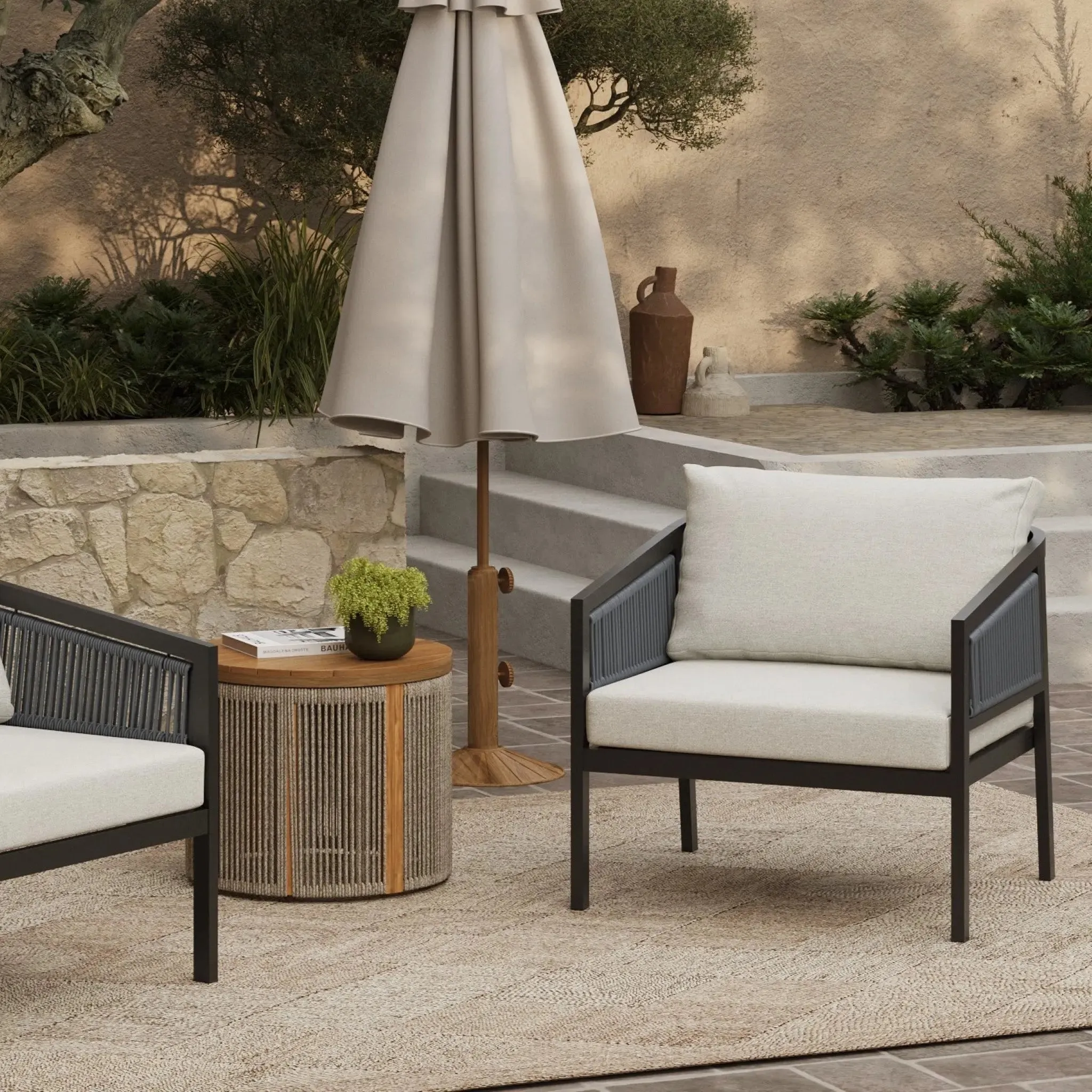 Pismo black steel & PE rope outdoor armchairs, set of 2
