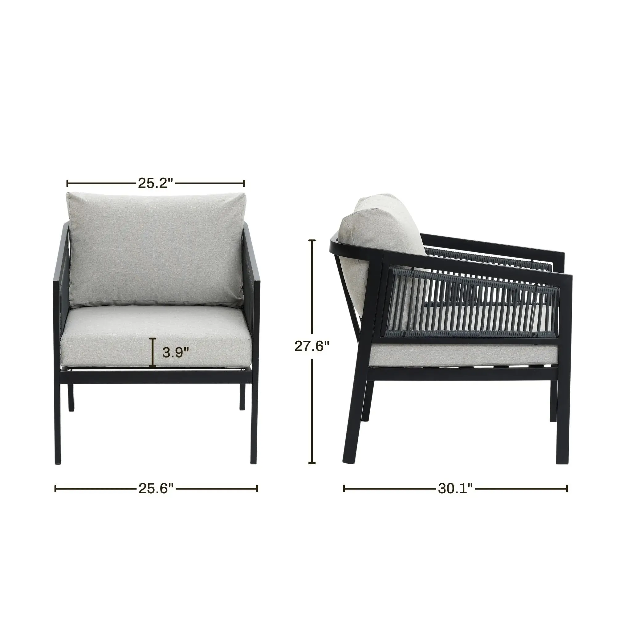 Pismo black steel & PE rope outdoor armchairs, set of 2