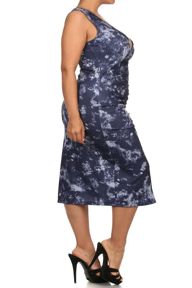 Plus Size Sky Clouds Ruched Zippered Midi Dress