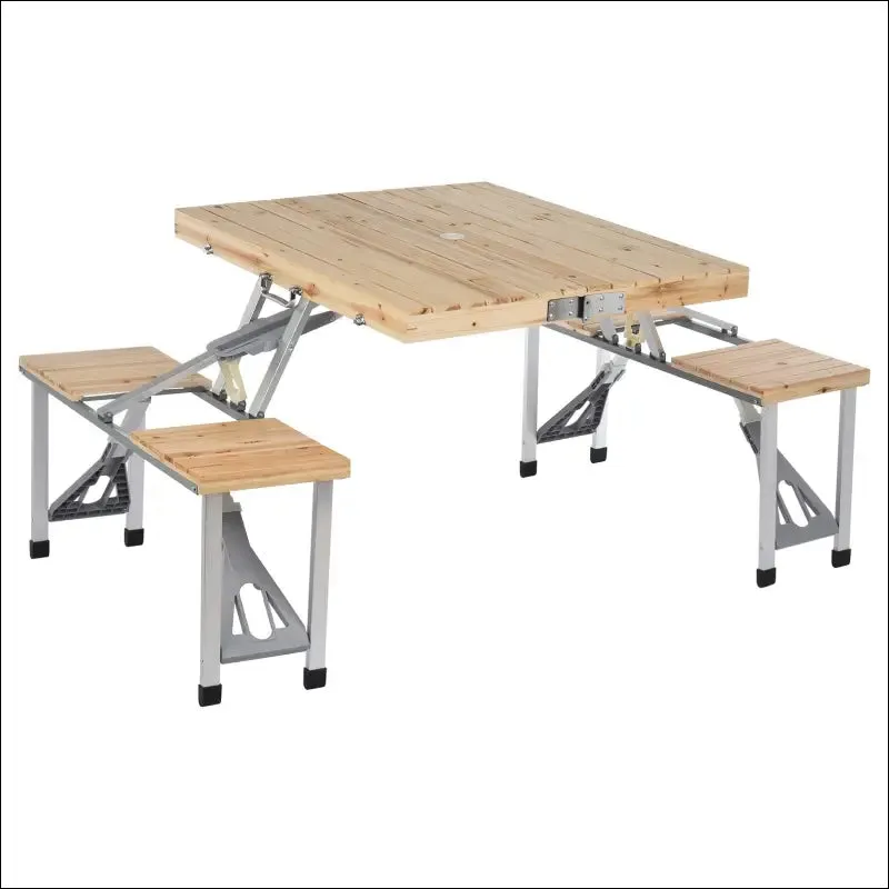 Portable foldable camping table with seats chairs and umbrella hole