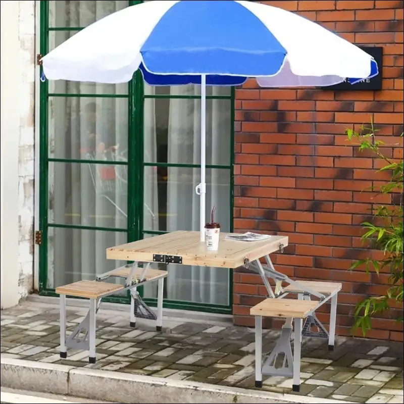 Portable foldable camping table with seats chairs and umbrella hole