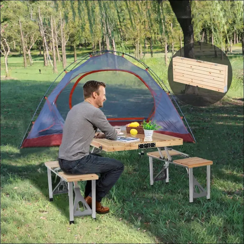 Portable foldable camping table with seats chairs and umbrella hole