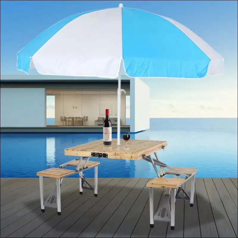 Portable foldable camping table with seats chairs and umbrella hole