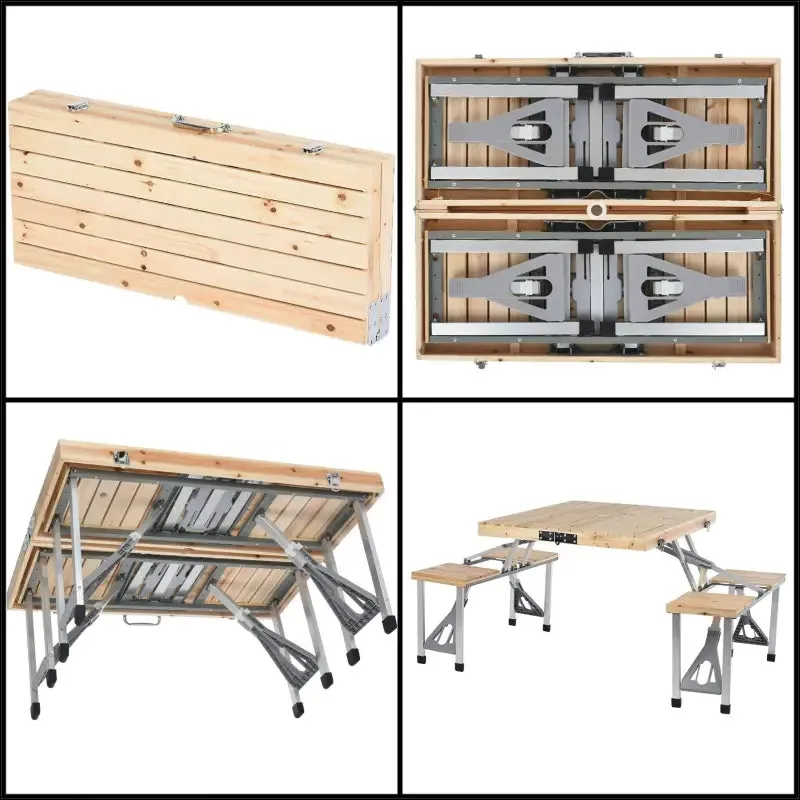 Portable foldable camping table with seats chairs and umbrella hole