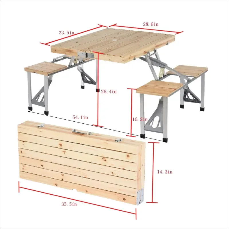 Portable foldable camping table with seats chairs and umbrella hole