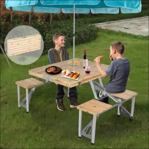 Portable foldable camping table with seats chairs and umbrella hole